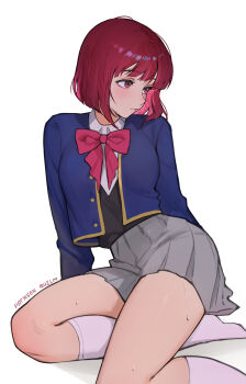 Rule 34 | 1girl, absurdres, arima kana, blue jacket, bob cut, foot out of frame, grey skirt, hands on floor, highres, inverted bob, jacket, looking to the side, miniskirt, open clothes, open jacket, oshi no ko, patreon username, pink thighhighs, pleated skirt, quilm, red eyes, red ribbon, ribbon, school uniform, short hair, simple background, sitting, skirt, solo, sweat, sweatdrop, thighhighs, white background, yokozuwari, youtou high school uniform