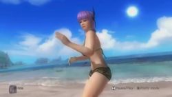 1girl 3d animated sound ayane_(doa) beach bikini bikini_top_only breasts dead_or_alive dead_or_alive_5 dead_or_alive_5_last_round green_bikini headband high_heels video outdoors palm_tree purple_hair red_eyes sand shorts subtitled swimsuit tagme tree water