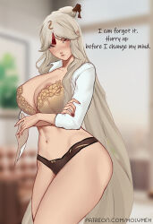 Rule 34 | 1girl, areola slip, arms under breasts, black nails, black panties, blurry, blurry background, bra, breasts, cleavage, collared shirt, commentary, crossed arms, english commentary, english text, genshin impact, hair ornament, hair stick, highres, holding, holding paper, holy meh, large breasts, long hair, looking at viewer, nail polish, navel, ningguang (genshin impact), office lady, panties, paper, parted bangs, patreon username, pencil skirt, red eyes, shirt, skirt, solo, stomach, tassel, tassel hair ornament, thighs, underwear, very long hair, white hair, white shirt