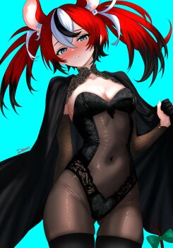1girl absurdres alternate_costume animal_ears black_cape black_hair black_sleeves blue_background blue_eyes blush bodystocking breasts cape commentary covered_navel detached_sleeves dfswift dice_hair_ornament gluteal_fold hair_ornament hakos_baelz highres hololive hololive_english long_hair looking_at_viewer medium_breasts mouse_ears mouse_girl mouse_tail multicolored_hair red_hair signature skin_tight solo streaked_hair tail twintails virtual_youtuber white_hair