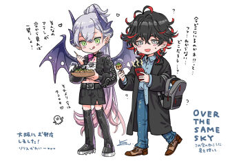 backpack bag bat_wings black_boots black_hair black_jacket boots breasts cellphone cleavage colored_inner_hair commentary_request dango dante_alighieri_(fate) demon_horns earrings fate/grand_order fate_(series) food green_eyes grey_eyes highres horns jacket jewelry licking_lips lilith_(fate) lilith_(over_the_same_sky)_(fate) multicolored_hair phone pink_hair ponytail red_eyes shirahama_kamome short_hair smartphone smile tongue tongue_out twintails wagashi white_hair wings