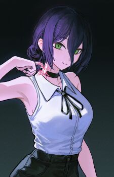 1girl absurdres armpits black_choker black_ribbon chainsaw_man choker green_eyes grenade_pin hair_bun highres imminent_explosion neck_ribbon pull_cord reze_(chainsaw_man) ribbon shirt single_hair_bun skrillex_li sleeveless sleeveless_shirt solo