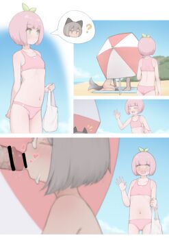 1boy 2girls 4koma :d ? absurdres age_difference animal_ears arm_behind_back back bag bar_censor beach beach_towel beach_umbrella bikini blush body_blush bush caught censored closed_eyes clothed_female_nude_female clothed_female_nude_male cloud comic completely_nude cum cum_on_body day embarrassed erection facial fellatio flat_chest fox_tail from_behind from_side full-face_blush glansjob glasses green_eyes grey_hair hair_ornament heart hetero highres holding holding_bag jaana_kettu just_the_tip kissing_penis kneeling leaf_hair_ornament loli looking_at_another mechanical_arms median_furrow midriff multiple_girls navel notice_lines nude open_mouth oral original outdoors peachy_(peachyp) peachyp penis pink_bikini pink_hair pointless_censoring public_indecency searching seiza short_hair single_mechanical_arm sitting sky smile spoken_question_mark standing surprised swimsuit tail tail_wagging tankini tareme towel umbrella water waving