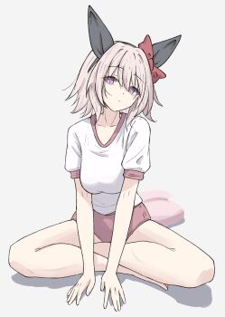 1girl animal_ears bow breasts buruma closed_mouth collarbone crossed_arms curren_chan_(umamusume) ear_bow ear_covers grey_hair gym_shirt hair_between_eyes highres horse_ears horse_girl horse_tail looking_at_viewer medium_breasts purple_eyes red_bow red_buruma shirt short_hair short_sleeves simple_background sitting solo tail tofu_thunder tracen_training_uniform umamusume white_shirt