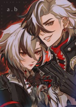 1boy 1girl absurdres arlecchino_(genshin_impact) armor artist_name bandana black_background black_eyes black_hair black_hands black_hat boothill_(honkai:_star_rail) bullet_earrings closed_mouth color_connection colored_extremities company_name cowboy_hat crossover cyborg earclip earrings fingernails formal_clothes genshin_impact grey_armor grey_shirt grey_vest hair_between_eyes hair_ornament hair_over_one_eye hand_up hat highres holding holding_unworn_clothes holding_unworn_hat honkai:_star_rail honkai_(series) jacket jewelry lapels lips long_fingernails long_hair looking_at_viewer mechanical_hands mihoyo multicolored_hair nail_polish open_clothes open_jacket ponytail red_bandana red_nails red_pupils ring sharp_teeth sheriff_badge shirt simple_background smile standing star_(symbol) suit symbol-shaped_pupils teeth two-tone_hair unworn_hat unworn_headwear upper_body vest vos0q w white_hair white_jacket x-shaped_pupils zipper