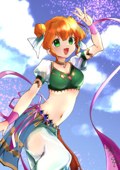 1girl :d absurdres breasts crop_top dancer double_bun fire_emblem fire_emblem:_the_binding_blade green_eyes hair_between_eyes hair_bun highres larum_(fire_emblem) looking_at_viewer navel nintendo open_mouth orange_hair pants pink_ribbon puffy_short_sleeves puffy_sleeves ribbon short_hair short_sleeves smile solo studio_sugimoto white_pants