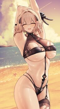 1girl absurdres arm_strap armpits arms_up azur_lane beach bikini black_bikini blonde_hair blush breasts chain closed_eyes collar collarbone commentary_request cross-laced_bikini cross-laced_clothes garter_straps gloves hair_ornament half_gloves highres large_breasts latex latex_bikini latex_gloves looking_at_viewer multi-strapped_bikini_bottom multicolored_hair navel open_mouth outdoors red_hair red_streaks roon_(azur_lane) roon_(enticement_in_the_indigo_darkness)_(azur_lane) shiny_skin short_hair single_garter_strap single_thighhigh smile solo standing streaked_hair swimsuit thighhighs torn_bikini torn_clothes underboob v yomare