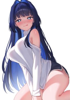 1girl absurdres alternate_costume bare_shoulders beyo black_hair black_shorts blue_eyes blue_hair blush breasts closed_mouth clothing_cutout commentary hair_intakes heart heart-shaped_pupils highres hololive hololive_english kneeling large_breasts licking_lips looking_at_viewer multicolored_hair multiple_girls official_alternate_costume official_alternate_hairstyle ouro_kronii ouro_kronii_(casual) shirt short_shorts shorts shoulder_cutout simple_background solo sweat symbol-shaped_pupils tongue tongue_out two-tone_hair virtual_youtuber white_background white_shirt