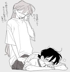 2girls bent_over black_hair blush dayama dry_humping earrings grabbing_from_behind highres holding holding_phone humping jewelry long_hair monochrome multiple_girls original phone shirt short_hair shorts simple_background sweat t-shirt tearing_up translation_request trembling white_background yuri
