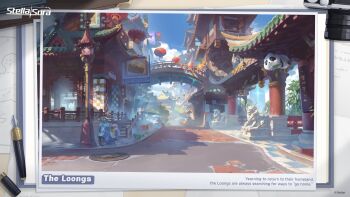 architecture bamboo_steamer blue_sky cloud commentary commentary_request day dragon_statue east_asian_architecture english_commentary english_text food highres lamppost lantern manhole mixed-language_commentary monolith_(object) motor_vehicle nib_pen_(object) no_humans official_art outdoors panda pen photo_(object) rabbit road scenery scooter shadow sign sky statue steamed_bun stella_sora street vespa