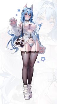 1girl absurdres animal_ears animal_hands bag black_thighhighs blue_eyes blue_hair breasts cat_ears commentary dress elbow_gloves english_commentary fake_animal_ears gloves goddess_of_victory:_nikke hair_intakes helm_(nikke) highres large_breasts long_hair looking_at_viewer navel panties paw_gloves platform_shoes shoes shoulder_bag simple_background solo sweater sweater_dress thighhighs thighs underbust underwear uyuri_(89976220) very_long_hair white_dress white_panties white_shoes zoom_layer