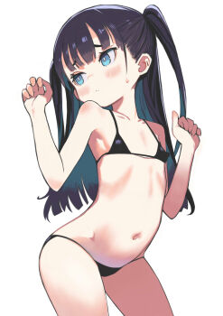 1girl absurdres bikini black_bikini black_hair blue_eyes blush flat_chest highres loli long_hair micro_bikini monomono navel original simple_background swimsuit two_side_up white_background