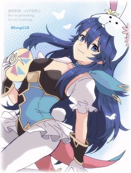 1girl animal_ear_hairband animal_ears blue_eyes blue_hair breasts bug butterfly closed_mouth commentary easter_egg egg fake_animal_ears fake_tail fire_emblem fire_emblem_awakening fire_emblem_heroes gloves hair_between_eyes hairband highres holding holding_egg insect kiriya_(552260) leotard long_hair looking_at_viewer lucina_(fire_emblem) lucina_(spring_exalt)_(fire_emblem) nintendo official_alternate_costume pantyhose puffy_short_sleeves puffy_sleeves rabbit_ear_hairband rabbit_ears rabbit_tail short_sleeves small_breasts smile solo symbol-only_commentary tail twitter_username white_gloves white_pantyhose