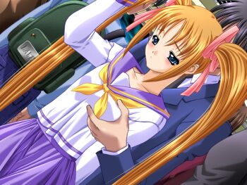 Rule 34 | 1boy, 1girl, 2000s (style), arm behind back, blue eyes, blush, breasts, brown hair, chikan, closed mouth, collarbone, cowboy shot, crowded, dutch angle, faceless, faceless male, game cg, grabbing another's breast, grabbing from behind, groping, half-closed eyes, hand up, holding, long hair, long sleeves, looking down, m&amp;m (mickey and mackey), molestation, multiple boys, neckerchief, pink ribbon, pleated skirt, purple sailor collar, purple skirt, raised inner eyebrows, ribbon, sailor collar, saishu chikan densha (series), saishuu chikan densha, school uniform, serafuku, sidelocks, skirt, small breasts, standing, suzuki airi (saishu chikan densha), third-party source, train interior, twintails, very long hair, yellow neckerchief