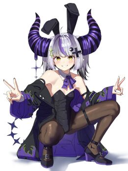 1girl absurdres alternate_costume animal_ears black_horns black_leotard black_shoes blush breasts brown_pantyhose cleavage clenched_teeth crescent crescent_hair_ornament double_v fake_animal_ears grey_hair grin hair_ornament highres hololive horns jacket la+_darknesss leotard long_hair long_sleeves looking_at_viewer medium_hair multicolored_hair pantyhose playboy_bunny pointy_ears purple_hair purple_jacket purple_streaks rabbit_ears shinomu_(cinomoon) shoes simple_background small_breasts smile solo squatting streaked_hair teeth twintails v virtual_youtuber white_background yellow_eyes