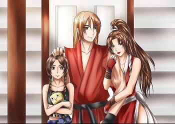 braid brown_hair capcom capcom_vs._snk_2 child couple crossover family fatal_fury gloves hair_tie hand_on_another&#039;s_head high_ponytail holding holding_another&#039;s_arm house if_they_mated ken_masters lipstick long_hair makeup mega_man_(series) mega_man_legends_(series) ninja non-web_source ponytail servbot_(mega_man) shiranui_mai snk_vs_capcom:_match_of_the_millennium street_fighter the_king_of_fighters toy twin_braids