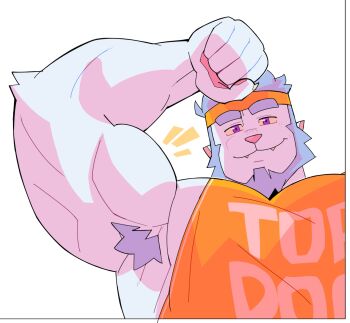 1boy arm_focus armpit_hair bara beard biceps blue_hair chinstrap_beard claws colored_sclera commentary english_commentary facial_hair fangs fangs_out fenrir_(fenwolf) furry furry_male headband highres large_pectorals male_focus muscular muscular_male orange_headband orange_tank_top original pawpads pectorals pointy_ears purple_eyes simple_background solo tank_top thick_arms thick_eyebrows triceps werewolf white_background wolf_boy yellow_sclera