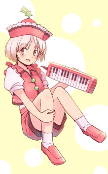 1girl :d blush brown_eyes brown_hair buttons collared_vest commentary_request frilled_hat frills full_body hand_on_own_leg hat instrument keyboard_(instrument) knees_up lyrica_prismriver melodica open_mouth puffy_short_sleeves puffy_sleeves rangycrow red_hat red_shoes red_shorts red_vest shirt shoes shooting_star_hat_ornament short_sleeves shorts sitting smile socks solo touhou vest white_shirt white_socks yellow_background