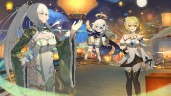 Rule 34 | 1girl, absurdres, aerial fireworks, architecture, blonde hair, blue eyes, bracelet, braid, breasts, china dress, chinese clothes, chinese commentary, cleavage, closed mouth, commentary request, crescent, dress, east asian architecture, fireworks, fur trim, genshin impact, green eyes, grey pupils, halo, hand on own hip, high ponytail, highres, jewelry, lantern, large breasts, long hair, long sleeves, lumine (as heaven and earth are made anew) (genshin impact), lumine (genshin impact), mountain, nail polish, night, outdoors, paper lantern, ponytail, sky, sky lantern, solo, star (sky), thighhighs, very long hair, w-baiye, white dress, white hair, white thighhighs, wide sleeves, yellow eyes, yellow nails, zibai (genshin impact)