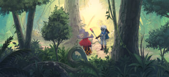 1boy 1girl arm_up beard black_boots black_skin boots colored_skin commentary_request day facial_hair forest grey_pants hat holding holding_staff long_hair nagi_itsuki nature original outdoors pants pixiv_fantasia pixiv_fantasia_revenge_of_the_darkness red_hair scenery short_hair short_sleeves staff standing tree white_hair white_hat