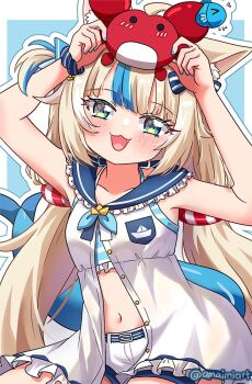 1girl :3 :d amaimi animal_ear_fluff animal_ears bare_arms bare_shoulders blue_background blue_eyes blue_nails blue_streaks blush border cat_ears commentary cowboy_shot crab dress fang fins fish_girl fish_tail frilled_sailor_collar frills indie_virtual_youtuber lifebuoy_hair_ornament long_hair looking_at_viewer low_twintails multicolored_hair nail_polish one_side_up open_clothes open_dress open_mouth outline outside_border sailor_collar sameko_saba shorts simple_background sleeveless sleeveless_dress smile solo streaked_hair tail twintails twitter_username virtual_youtuber white_border white_dress white_outline white_shorts