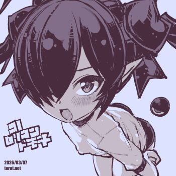 1girl :d backbeako_(torotei) backbeard blue_theme blush breasts buruma commentary covered_erect_nipples dated dated_commentary gegege_no_kitarou gym_shirt gym_uniform hair_over_one_eye hair_ribbon hand_on_own_hip kono_lolicon_domome leaning_forward loli long_hair looking_at_viewer monochrome open_mouth original paid_reward_available pointy_ears ribbon shirt short_sleeves simple_background small_breasts smile solo torotei twintails watermark web_address white_background