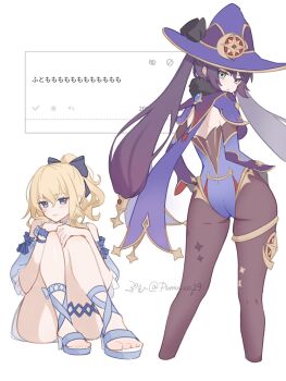 Rule 34 | 2girls, ass, black hair, blonde hair, blue eyes, blue hat, blue leotard, blue sandals, capelet, commentary request, cropped legs, detached sleeves, elbow gloves, from behind, genshin impact, gloves, green eyes, hair between eyes, hair ribbon, hands on own hips, hands on own knees, hat, highres, invisible floor, jean (genshin impact), jean (sea breeze dandelion) (genshin impact), jewelry, leotard, long hair, looking at viewer, looking back, mona (genshin impact), multiple girls, odaibako, official alternate costume, pantyhose, ponytail, pumu (pumu co29), ribbon, sandals, sitting, smile, star (symbol), star print, thigh strap, thighlet, translation request, twintails, white background, witch hat