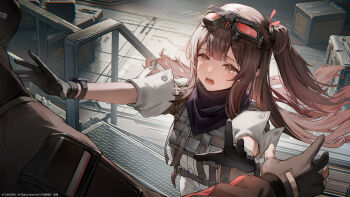Rule 34 | 1boy, 1girl, artist request, black gloves, black scarf, brown eyes, brown hair, chinese commentary, commander (girls' frontline), commentary request, copyright notice, crate, crying, crying with eyes open, game cg, girls' frontline, girls' frontline 2: exilium, gloves, goggles, goggles on head, highres, incoming hug, indoors, jacket, mayling shen (girls' frontline 2), official art, open mouth, scarf, second-party source, side ponytail, solo focus, stairs, tears, teeth, watch, wristwatch