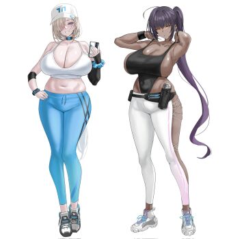 2girls ahoge alternate_costume armpits arms_up asuna_(blue_archive) baseball_cap black_leotard blonde_hair blue_archive blue_eyes blue_nails blue_pants bottle breasts camisole choker cleavage commentary crop_top curvy dress elbow_gloves fanny_pack full_body gloves grin hair_over_one_eye hand_on_own_hip hat high_ponytail highleg highleg_leotard highres holding holding_phone huge_breasts karin_(blue_archive) leotard long_hair multiple_girls navel pants phone ponytail purple_dress quanzidongziben scrunchie shoes smile sneakers standing strap_pull sweat symbol-only_commentary very_long_hair watch water_bottle white_background white_camisole white_hat white_pants wrist_scrunchie wristband yellow_eyes yoga_pants