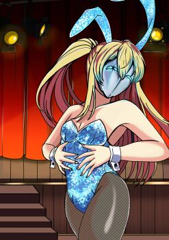 1boy absurdres alien_stage animal_ears bare_shoulders blonde_hair crossdressing crossdressing_(mtf) fake_animal_ears fishnet_pantyhose fishnets highres hoshino_aquamarine izuru_planetes leotard long_hair mask oshi_no_ko pantyhose playboy_bunny solo stage stairs standing strapless strapless_leotard trap twintails wrist_cuffs