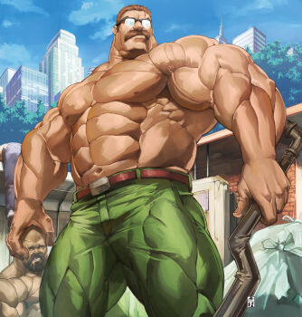 3boys alley biceps broad_shoulders brown_eyes brown_hair building city facial_hair final_fight glasses grabbing_another's_head green_pants holding holding_lead_pipe itadori_shuu lead_pipe looking_up male_focus mike_haggar multiple_boys muscular muscular_arms muscular_male mustache pants pectorals short_hair thick_neck topless_male