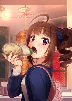 Rule 34 | 1girl, animal ears, backpack, bag, blue jacket, blunt bangs, blush, brown hair, casual, doner kebab, doner sandwich, drill hair, eating, female focus, food, from side, hair ornament, hair scrunchie, holding, holding food, idolmaster, idolmaster million live!, indoors, jacket, kamille (vcx68), lens flare, light bulb, long hair, long sleeves, looking at viewer, looking to the side, meat, open clothes, open jacket, open mouth, purple eyes, scrunchie, side ponytail, sidelocks, solo, sparkle, tareme, tissue box, vertical rotisserie, wrapper, yokoyama nao, yufka