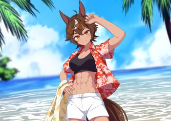 1girl abs absurdres adjusting_eyewear ahoge alternate_costume animal_ears beach black_shirt breasts brown_eyes brown_fur brown_hair cleavage commission crop_top day eyewear_on_head floral_print hand_on_own_hip hawaiian_shirt highres holding holding_towel horse_ears horse_girl horse_tail indie_virtual_youtuber large_breasts looking_at_viewer medium_hair navel ocean outdoors palm_leaf red_shirt sand second-party_source shimotsuki_aoi shirt shorts smile solo standing sunglasses tail teeth tomoe_umari towel virtual_youtuber white_shorts