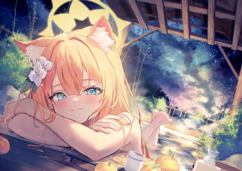 1girl :3 absurdres animal_ear_fluff animal_ears barefoot bathing blue_archive blue_eyes blush bucket bush cat_ears cat_girl chiu538 closed_mouth commentary_request completely_nude cup dutch_angle feet_up flower food fruit full_body hair_between_eyes hair_flower hair_ornament halo highres long_hair looking_at_viewer lying mandarin_orange mari_(blue_archive) night nude on_stomach onsen orange_hair sky smile solo star_(sky) starry_sky steam the_pose tokkuri water wet wet_hair white_flower wooden_bucket yellow_halo