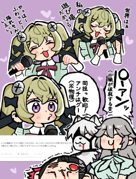 1boy 3girls :3 absurdres alexandrina_sebastiane andii_(anzai_teachco) animal_ears black_hair blood blood_from_mouth blood_on_face blue_dress blush body_fur chest_bow closed_eyes colored_inner_hair colored_tips commentary_request corin_wickes dress ellen_joe eyepatch furry furry_male furry_with_non-furry green_hair grey_hair grey_vest hair_between_eyes hair_ornament heart highres interspecies long_hair microphone mole mole_under_eye multicolored_hair multiple_girls multiple_views muzzle_(mask) open_mouth purple_background purple_eyes razor_blade_hair_ornament red_eyes screw_hair_ornament shark_girl shirt short_eyebrows short_hair speech_bubble thick_eyebrows translation_request twintails vest von_lycaon white_fur white_hair white_shirt wolf_boy wolf_ears zenless_zone_zero