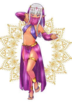 1girl absurdres anklet armlet bare_shoulders belly_dancing blue_eyes blunt_bangs bracelet breasts dark-skinned_female dark_elf dark_skin detached_sleeves elf gem gold_anklet gold_armlet gold_bracelet gold_necklace gold_thighlet grey_hair half-closed_eye harem_outfit highres jewelry karla_(kono_healer_mendokusai) kono_healer_mendokusai looking_at_viewer mouth_veil navel necklace official_art pointy_ears red_gemstone revealing_clothes sandals see-through_clothes see-through_skirt see-through_sleeves skirt small_breasts solo standing standing_on_one_leg stomach tannen_ni_hakkou thighlet tiptoes toes uneven_eyes veil white_background