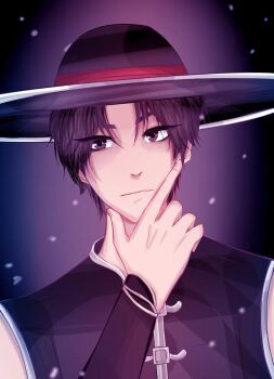 1boy alternate_hairstyle bare_shoulders black_eyes black_hair chinese_clothes expressionless f.loraline hand_on_own_chin hat kung_lao male_focus mortal_kombat_(series) mortal_kombat_9 portrait shaolin_monk simple_background solo solo_focus thinking