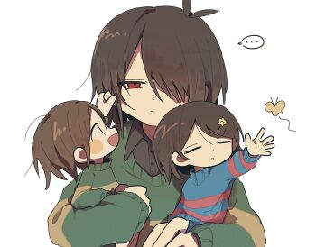 ... blue_sweater brown_hair chara_(undertale) closed_mouth deltarune frisk_(undertale) grabbing_another&#039;s_ear green_sweater hand_on_another&#039;s_ear highres holding in-franchise_crossover kawar1117552 kris_(deltarune) multiple_others one_eye_covered open_mouth other_focus red_eyes short_hair simple_background smile spoken_ellipsis sweater undertale utdr_(toby_fox) white_background