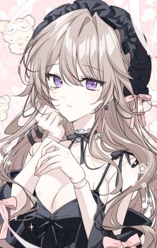 1girl black_headdress black_ribbon blush breasts brown_hair cjdcjd616 cleavage collar hair_between_eyes hair_ribbon hand_on_own_arm herta_(honkai:_star_rail) herta_(puppet)_(honkai:_star_rail) honkai:_star_rail honkai_(series) pink_ribbon purple_eyes ribbon strap the_herta_(honkai:_star_rail) white_collar