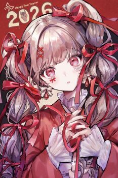 1girl 2026 absurdres chinese_zodiac commentary_request hair_ribbon highres long_hair looking_at_viewer multi-tied_hair new_year original own_hands_together pipi_(pipinavigation) red_eyes red_ribbon red_theme ribbon solo twintails upper_body year_of_the_horse