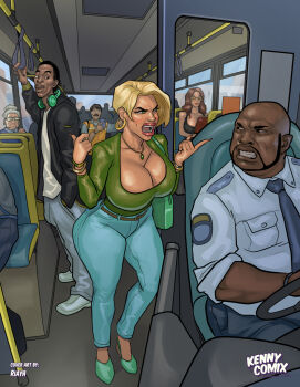 3boys 3girls artist_logo artist_name bald bellville_(kennycomix) black_hair black_jacket blonde_hair blue_necktie blue_pants breasts bus_interior cleavage collared_shirt commentary dark-skinned_male dark_skin earrings english_commentary english_text green_eyes green_shirt green_shoes grey_shirt headphones headphones_around_neck highres hoop_earrings huge_breasts jacket jewelry karen:_a_belville_short_(comic) kennycomix logo looking_at_another multiple_boys multiple_girls necklace necktie open_clothes open_jacket open_mouth pants riayh shirt shoes short_hair teeth very_dark_skin white_shirt white_shoes