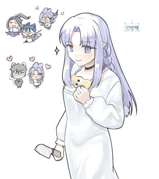 1girl 3boys braid chibi chibi_inset commentary cu_chulainn_(fate) cu_chulainn_(fate/stay_night) cu_chulainn_(lancer)_(fate) ddong_pong fate/stay_night fate_(series) heart holding holding_knife knife kuzuki_souichirou long_hair long_sleeves medea_(caster)_(fate) medea_(fate) multiple_boys pointy_ears purple_eyes purple_hair sasaki_kojirou_(fate) side_braid simple_background white_background