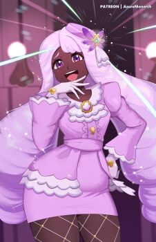 Rule 34 | 1girl, absurdres, artist name, ascot, azure monarch, buttons, dark-skinned female, dark skin, dress, fishnets, frilled ascot, frills, gloves, gold ring, hair ornament, hand on own hip, hand up, highres, jacinthe (pokemon), juliet sleeves, long hair, long sleeves, low drills, nintendo, patreon username, pokemon, pokemon legends: z-a, puffy sleeves, purple dress, purple eyes, purple hair, solo, very dark skin, white gloves