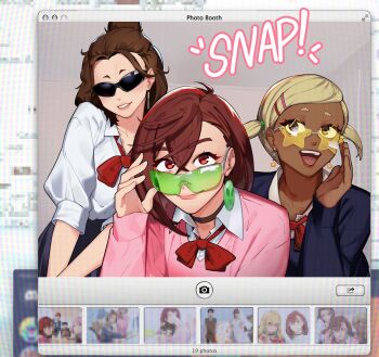 adjusting_eyewear alien ayase_momo black_choker black_skirt blonde_hair blue_cardigan bow bowtie brown_eyes brown_hair cardigan choker closed_mouth collared_shirt crossed_bangs dandadan dark-skinned_female dark_skin derivative_work earrings flower_earrings hair_between_eyes hair_ornament hairclip highres jewelry medium_hair miko_(dandadan) muko_(dandadan) open_mouth parted_lips pink_sweater red_bow red_bowtie school_uniform selfie shirt shirt_under_sweater short_hair short_twintails skirt smile star-shaped_eyewear star_(symbol) sunglasses sweater swept_bangs twintails white_shirt yuqi_non