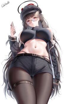 1girl absurdres alternate_costume bare_shoulders black_hair black_hat black_panties black_pantyhose black_shorts blue_archive breasts bright_pupils cellphone commentary cowboy_shot dated_commentary earrings glasses halo hat highres holding holding_phone jewelry large_breasts long_hair long_sleeves looking_at_viewer midriff navel panties pantyhose parted_lips phone red_eyes rio_(blue_archive) short_shorts shorts simple_background skindentation smartphone solo stomach thigh_strap thighs underwear white_background white_pupils wsman
