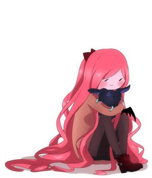 1girl adventure_time bad_deviantart_id bad_id bat_(animal) blush_stickers cartoon_network colored_skin full_body half_updo hug long_hair marceline_abadeer marceline_abadeer_(bat) pantyhose pink_hair princess_bonnibel_bubblegum simple_background one_ear_down sitting smile sweater very_long_hair white_background |_|