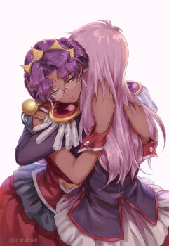 2girls araratake bindi closed_mouth commentary crown dark-skinned_female dark_skin dress earrings epaulettes frills glasses green_eyes highres himemiya_anthy hug jewelry long_dress long_hair long_sleeves multiple_girls parted_bangs pink_hair purple_hair red_dress rimless_eyewear shoujo_kakumei_utena simple_background sleeveless sleeveless_dress tassel tenjou_utena twitter_username upper_body white_background wrist_cuffs