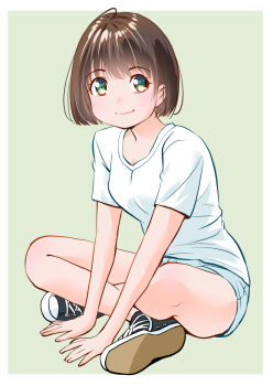 Rule 34 | 1girl, blue shorts, border, brown hair, full body, green background, indian style, looking at viewer, mixed-language commentary, original, outside border, shirt, shoe soles, shoes, short hair, shorts, simple background, sitting, smile, sneakers, solo, white border, white shirt, yamanaka kouji (yanchiki2001)