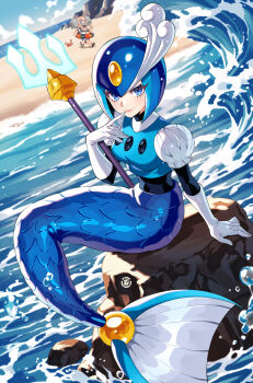 1boy 1girl android arm_support atomicmrshmallw beach black_bodysuit blue_eyes blue_sky bodysuit breasts closed_mouth cloud crab crop_top day dr._wily_(mega_man) elbow_gloves finger_to_mouth fins gloves grey_hair head_fins helmet highres holding holding_polearm holding_weapon looking_at_viewer male_swimwear medium_breasts mega_man_(series) merfolk mermaid monster_girl monsterification multiple_boys multiple_girls ocean open_mouth outdoors polearm puffy_short_sleeves puffy_sleeves robot robot_girl rock sand shore short_sleeves shorts sitting sitting_on_rock sky smile solo_focus spear splash_woman splashing starfish swim_trunks trident water waves weapon white_gloves