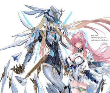 Rule 34 | 1girl, aemeath (wuthering waves), aimu (angry9565), arm up, breasts, chinese commentary, commentary request, elbow gloves, exostrider (wuthering waves), glitch, gloves, large breasts, leotard, long hair, looking at viewer, mecha, mole, mole on shoulder, orange eyes, pink hair, ponytail, robot, showgirl skirt, simple background, skirt, smile, solo, star-shaped pupils, star (symbol), strapless, strapless leotard, symbol-shaped pupils, thighs, white background, white gloves, white leotard, white skirt, wuthering waves